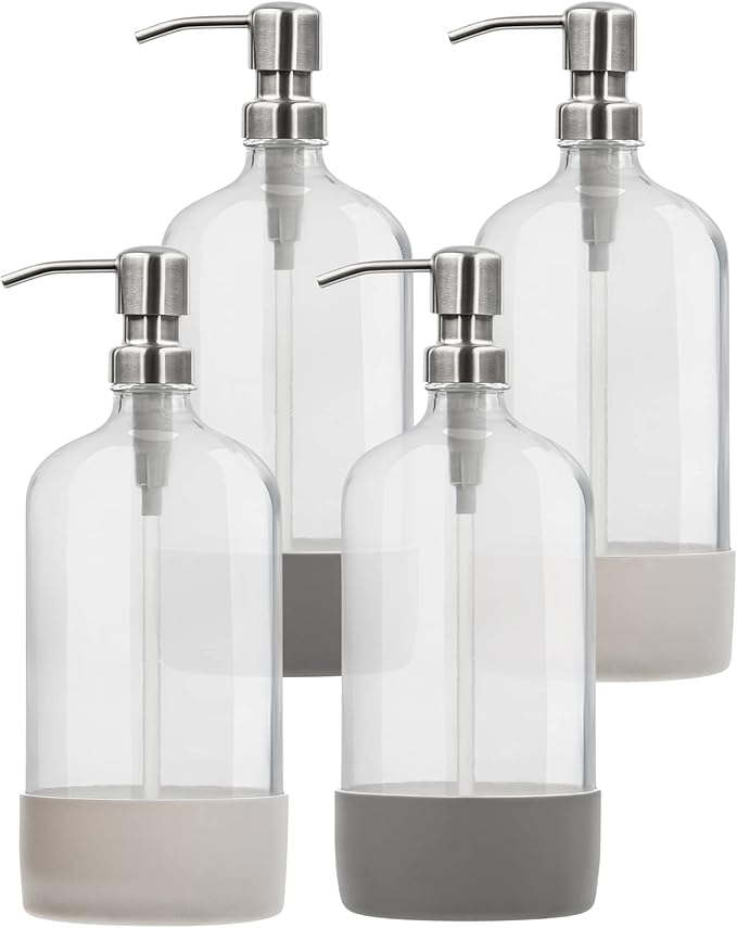 32 oz Glass Pump Bottle Rustproof Stainless Steel Pump, Funnel, and Lids. Modern Farmhouse Vintage Jar, Large Glass Shampoo Bottles with Pump and Laundry Soap Dispenser - Silver