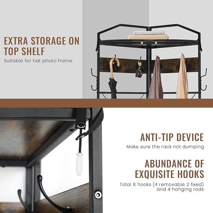 Recaceik Corner Coat Rack, Multifunctional Entryway Corner Shoe Rack with 8 Metal Double Hooks and Storage Shelf, Freestanding Corner Hall Tree Stand Storage for Living Room, Office, Rustic Brown