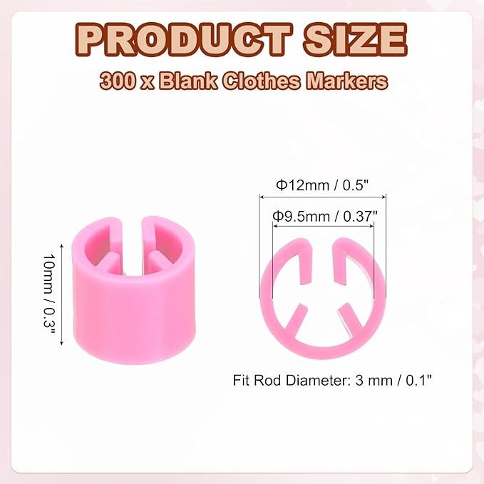 PATIKIL 300 Pcs Clothes Hanger Marker Blank Plastic Garment Tags Size Hanger Markers Fit 3mm Rod for Garment Color Coding Snap Labels Accessories, Hot Pink
