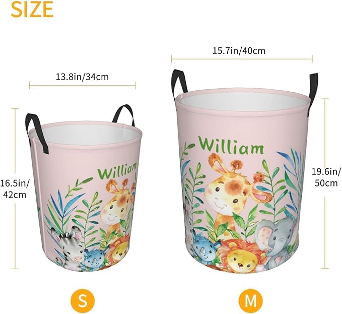 Cute Jungle Animals Customized Laundry Basket with Name Collapsible Waterproof Organizer Bin Laundry Hamper with Handle for Clothes Toys Bedroom.