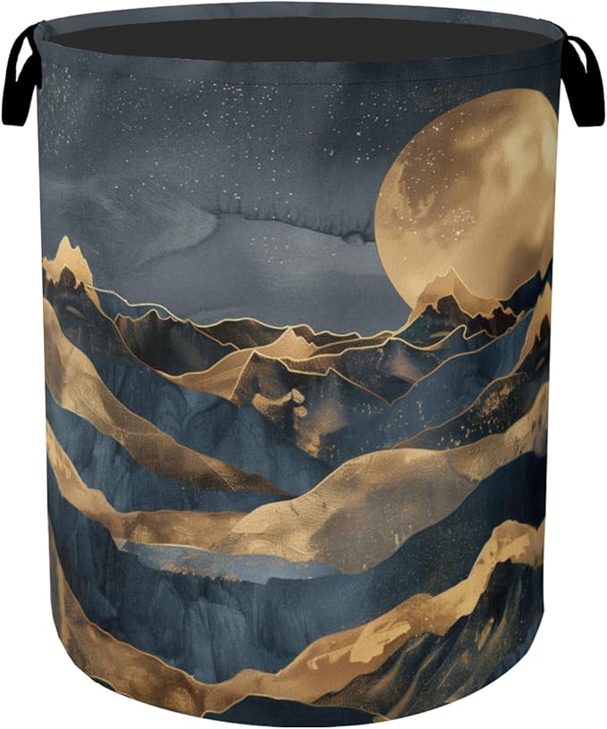 Golden Mountain Moon Laundry Basket with Handles - Extra Large Foldable Hamper for Bathroom/Laundry/Bedroom/Dorm, Washable Fabric Storage Bin