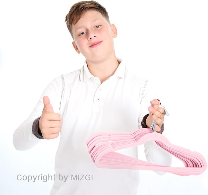 MIZGI Kids Velvet Hangers,Non-Slip Big Kids Hangers,14 Inch Hangers for Youth,Teen Clothes,Pack of 50（Pink/Silver）