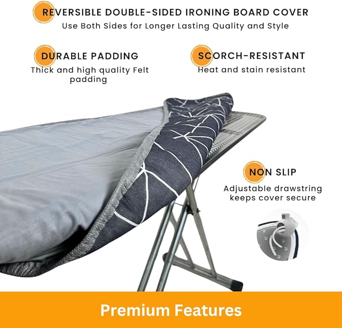 SAVUK Ironing Board Cover and Pad Dual Side X2 Lifetime Double Using Heavy Duty Thick Padding Heat Reflective Non Stick Scorch and Stain Resistant Adjustable 15x54 inch