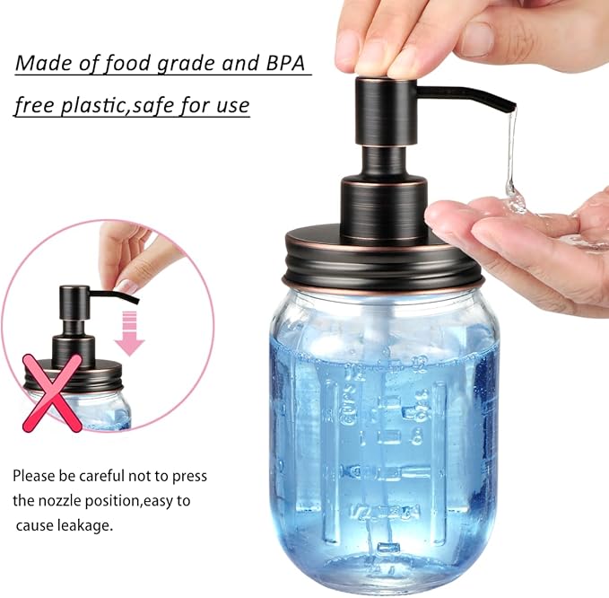 Amolliar Mason Jar Liquid Soap Dispenser Lid, Rust Proof Stainless Steel, Cute Farmhouse Decor for Kitchen, Bathroom, Bath, Refill Liquid Soap Pump for Hand Soap, Dish Soap, Lotion Soap, ORB 2 Pack