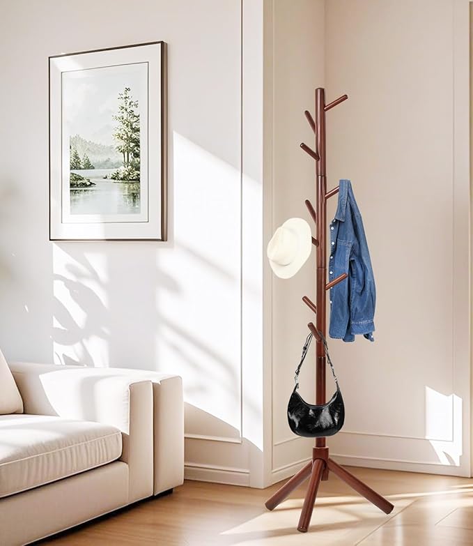 Beech Wood Coat Rack Stand with 9 Hooks, 3 Height Adjustable, simple Freestanding Solid Wooden Coat Tree Hanger for Clothes, Hats, Scarves, bags, Jackets, Bedroom, livingromm, Office(Brown)