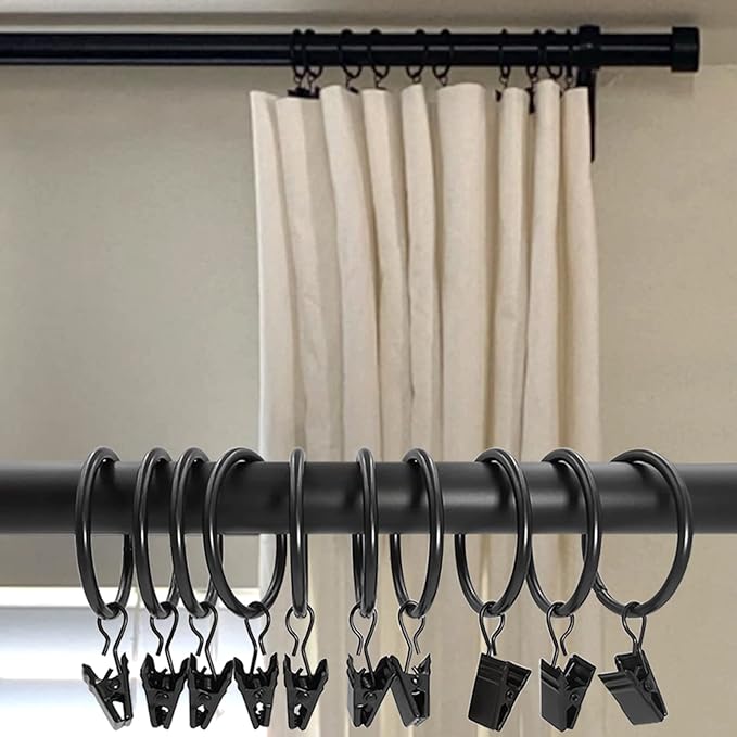 40 Pack Black Curtain Rings with Clips, Curtain Hooks Hangers Clip Rings for Hanging Drapes Bows Hat, Drapery Rings 1.5 in I D, Fits up to 1.2 in Diameter Curtain Rod.