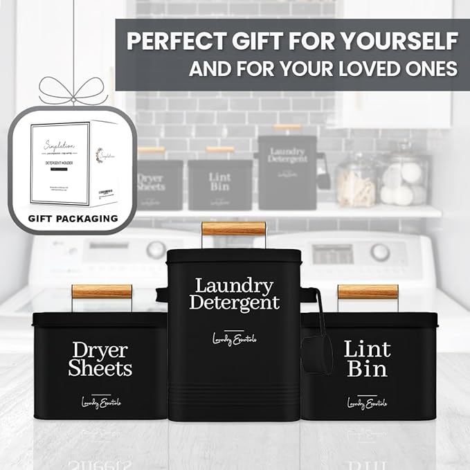 Simplation Modern Farmhouse Laundry Detergent Container for Laundry Room Decor and Accessories, Metal Laundry Pods Container, Laundry Powder Holder for Laundry Room Organization (Black)