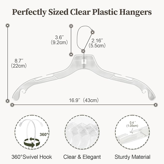 Clear Plastic Hangers 12 Pack, Heavy Duty Clothes Hangers with 360° Swivel Hook, 2.1" Ultra-Wide Non-Slip Notches & Non-Slip Grips for Dresses, Shirts, Coats, Suits