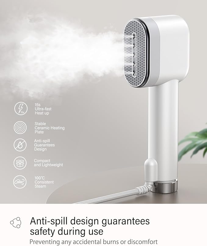 VASSON Steamer for Clothes, Handheld Clothes Steamer, 1000W Portable Fabric Steamer, 15-Second Ultra-Fast Heat Up, Ceramic Heating Steam, for Home Use and Travel