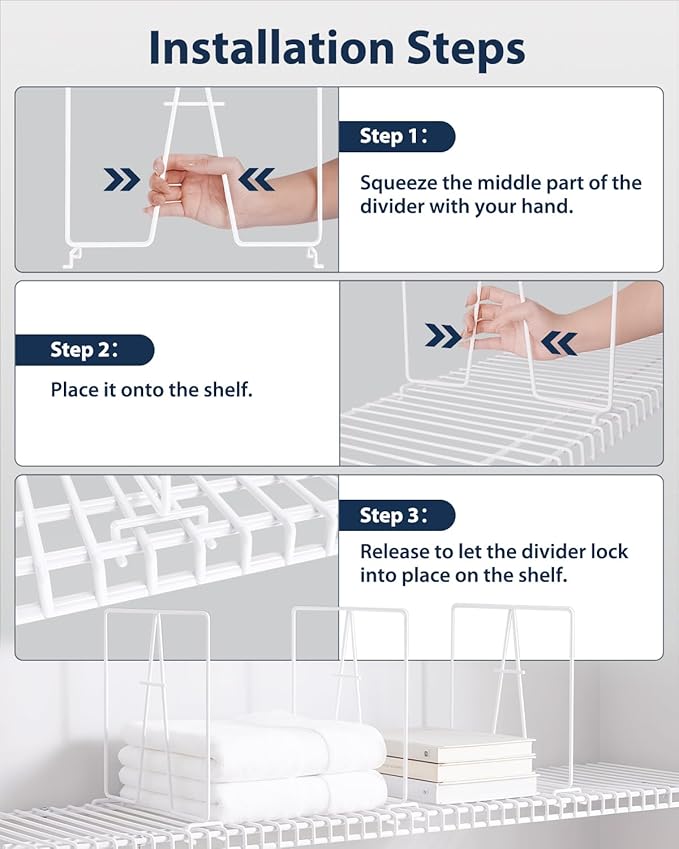 10 Pack Wire Shelf Dividers for Closet, Solid Coated Metal Closet Dividers for Closet Organization, Easy Install Closet Shelf Divider for 12'' Tall x 12'' Deep Wire Shelves and Storage, White