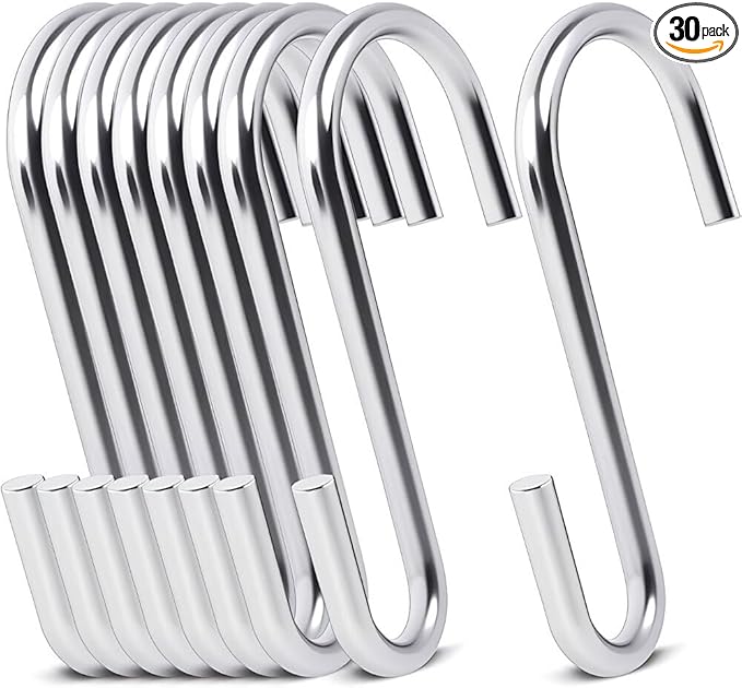 30-Pack Silver S Hooks for Hanging 2.4 Inch – Small S Hooks Carbon Steel Hangers for Jeans, Kitchen Pot & Plant Hanging – Lightweight 0.88 Inch Opening Holder for Wire Shelving, Towel & Purse