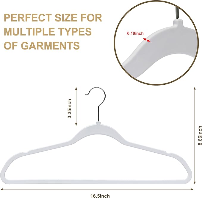 Quality Hangers 50 Pack Slim Plastic Hangers for Clothes - 16.5" Won't Crease Your Clothes, Heavy Duty Non-Velvet White Hangers 360° Swivel Chrome Hook Non Slip Notches Dresses Coats Shirts Jackets