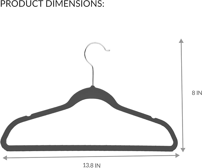 Simplify Children’s 10 PK Velvet Hangers | Dimensions : 13.78" W x 8.46" H | Durable Plastic | Non-Slip | Keeps Shape | 14” Width | Children Sizes 2-16 | Grey