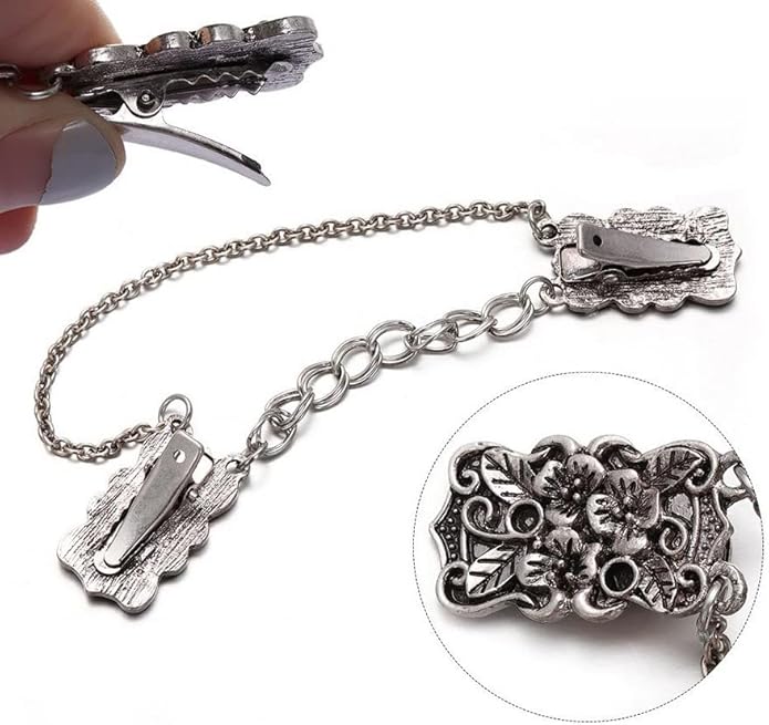 Vintage Sweater Clips Shawl Dresses Shirt Clips Retro Cardigan Collar Chain Clips Brooch Pins for Women
