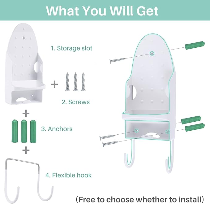 Ironing Board Hanger Wall Mount, Iron Hanger with Ironing Board Rack, Heat Resistant Iron Holder Wall Mount for Max 5 Inch Width (White)