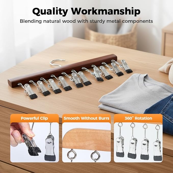 2 Pack Legging Hanger for Closet, with 10 Non Slip Clips Each, Wooden Clothes Hanger for Home Use, Space Saving Hanger for Family (Vintage)