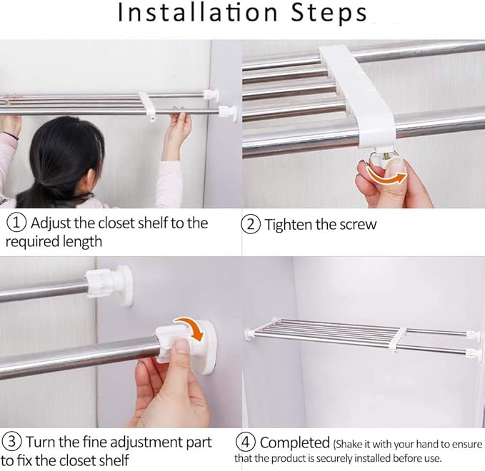 BAOYOUNI Tension Rod Shelf Expandable Closet Organizer Heavy Duty Adjustable Clothes Hanger Rack DIY Space Saver Layered Separator Divider 27.17''-36.02'', Ivory