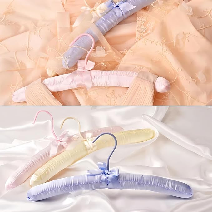 Thicker Padded Hangers for Women Clothing Sweaters,Anti-Slip Satin Hangers Padded Cute Hanger with Bow,Silky Fabric Hanger for Closet