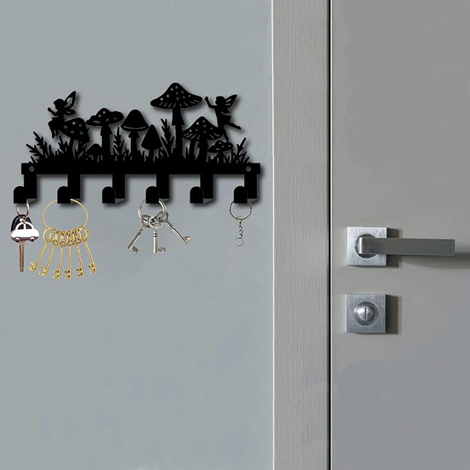 CREATCABIN Wall Decor Key Holder Black Metal Key Rack with 6 Hooks Fairy Mushroom Shaped Design Towel Clothes Hanger Organizer Wall Mounted Art Decor for Entryway Living Room Bathroom 10.6 x 5.1 Inch