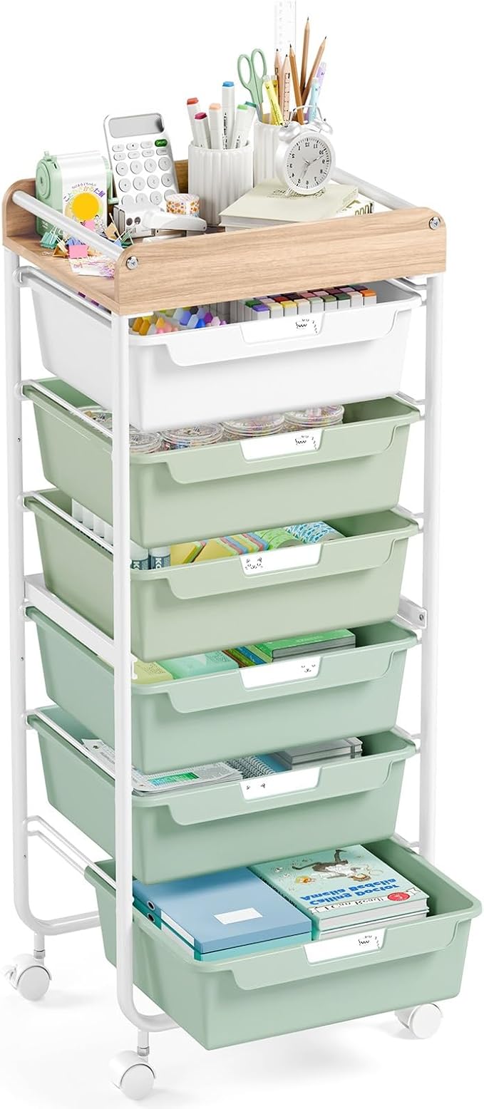 APEXCHASER 6-Drawer Plastic Organizers on Wheels,Rolling Storage Cart with Wooden Top, Mobile Drawer Unit for Classroom, Crafts, Art Supplies, and Home Organization,Green