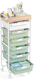 APEXCHASER 6-Drawer Plastic Organizers on Wheels,Rolling Storage Cart with Wooden Top, Mobile Drawer Unit for Classroom, Crafts, Art Supplies, and Home Organization,Green