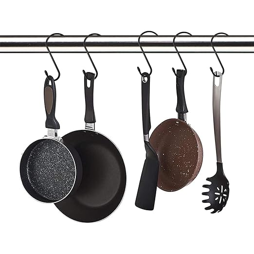 Nisoger 12 Pack 6 Inch Heavy Duty S Hooks, Black Vinyl Coated Non Slip Rust Resistant S Hooks for Hanging Plants, Closet, Kitchen, Garden Tools