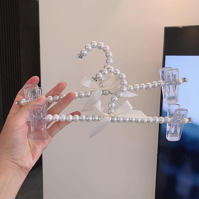 13 inch Pearl Hanger Pants Hangers with Clip,Cute Ribbon Bow Hanger Clip Hangers for Wedding Dress Bride Bridesmaid Lingerie (5, White)