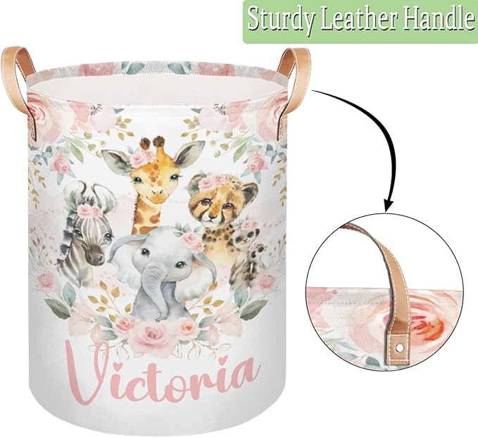 Personalized Laundry Basket, Custom Gift Laundry Hamper, Collapsible Nursery Waterproof Laundry Baskets, Dirty Clothes Toy Hamper with Handles Jungle Safari Blush Floral