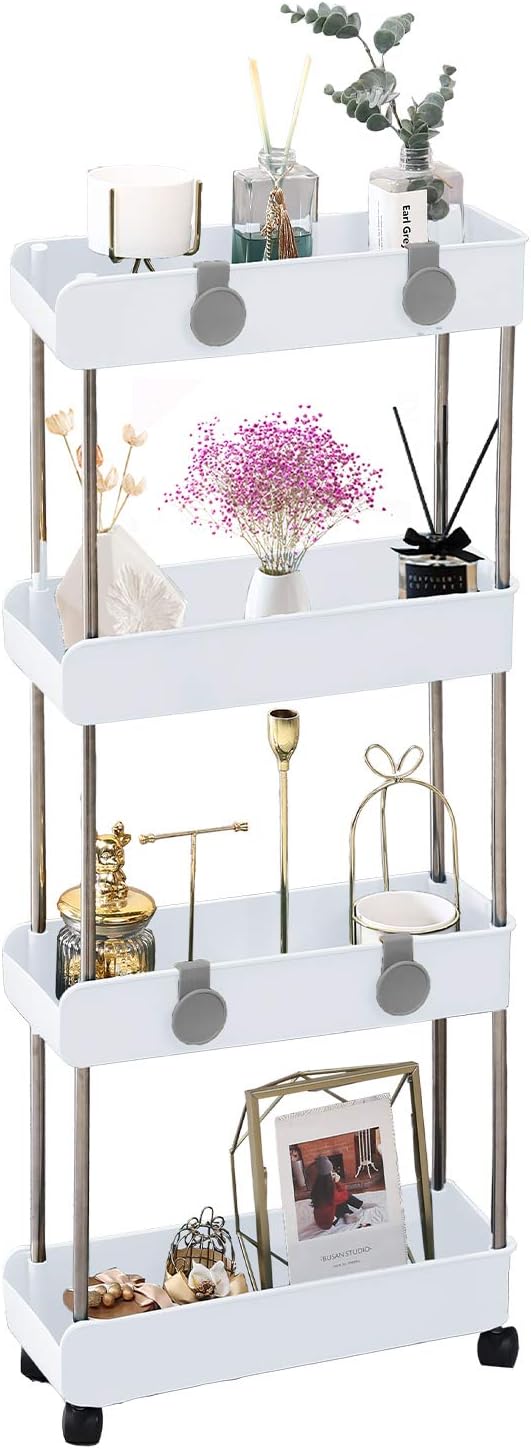 Melody House 4-Tier Slim Mobile Shelving Unit on Wheels, Slide Out Rolling Bathroom Storage Organizer, Utility Carts Shelf Rack for Kitchen Bathroom Laundry Room Narrow Places, White
