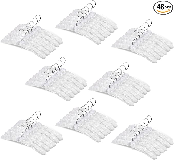 Jetec 48 Pieces Satin Padded Hangers with 360° Swiveling Hook Sponge Shoulder Pads Hanger for Coat, Sweaters, Blouse, Wedding Dress, Women Cloths (White)