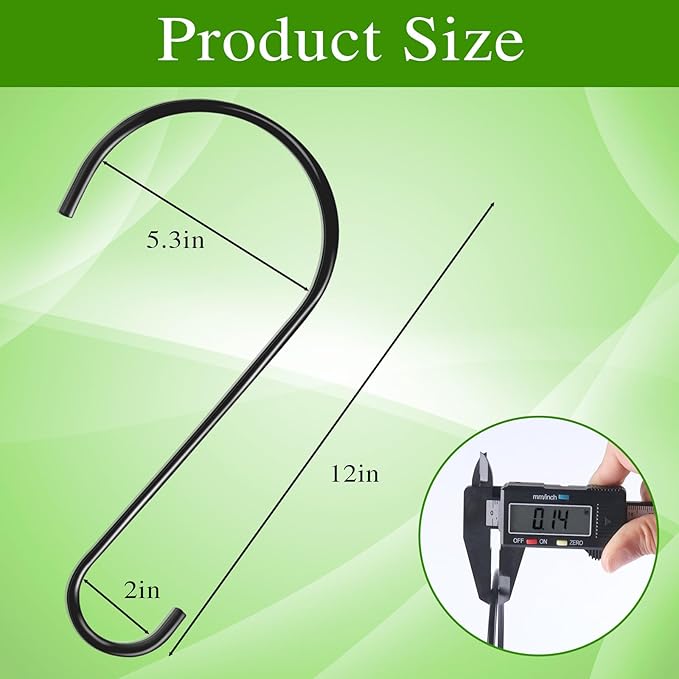 Dreecy 12-Inch Tree Branch Hooks, 6 Pack Extra Large S Hooks for Hanging Plants, Heavy Duty Bird Feeder Hook for Hanging Plants, Black Bird Feeder Hangers for Outside, Lanterns and Ornaments