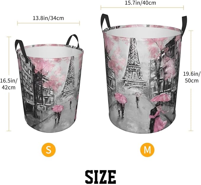 Dujiea Eiffel Tower Pink Lovers in Paris Laundry Basket Round with Handle, Collapsible Foldable Canvas Storage Bin Dirty Clothes Bag for Laundry/Toys Organizer/College Dorm/Nursery/Decor(2 Sizes)