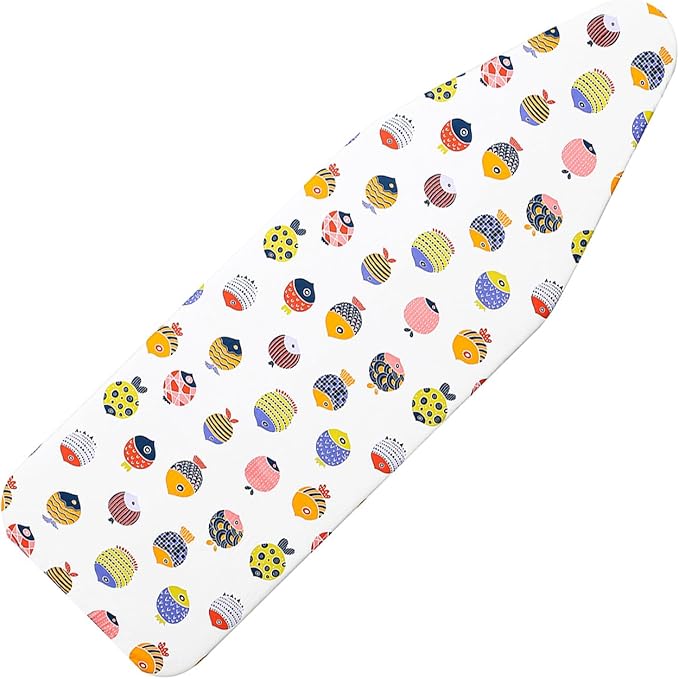 Ironing Board Cover and Pad Standard Size 15" x 54",3 Pairs of Hook and Loop Fastener Straps,Elastic Edges,Cotton Iron Board Cover with Scorch Resistant Thick Padding(White+Fishes)