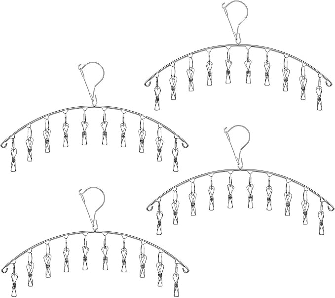 Clothes Hanger with 10 Clips, Stainless Steel, Windproof, for Drying Socks, Bras, Underwears, Baby Clothes, Hats, Scarfs, Towels, Pants and Gloves (4 Pack)