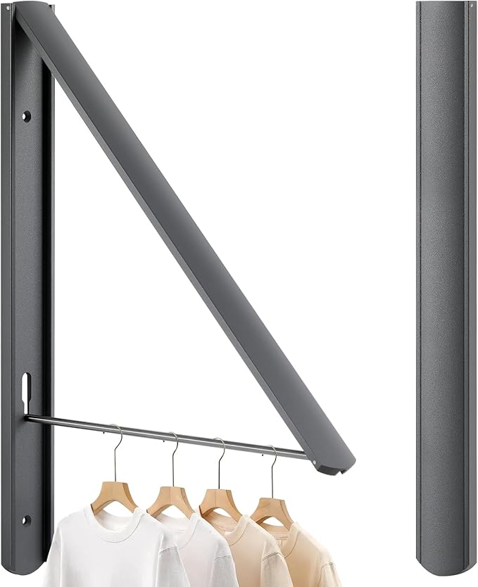 Foldable Clothes Drying Rack, Wall Mounted Retractable Drying Rack Clothes Hanger, 0.43'' Thickness Space Saving Laundry Racks and Closet Organizer, Aluminum (Dark Gray)