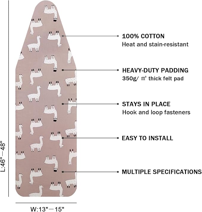 Ironing Board Cover and Pad 15 x 48,3 Pairs of Hook and Loop Fastener Straps,Elastic Edges,Cotton Iron Board Cover with Scorch Resistant Thick Padding