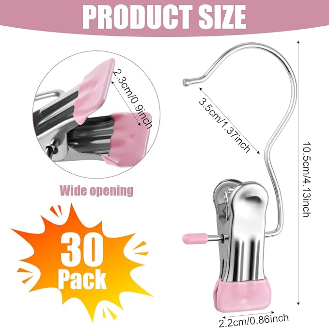 30 Pcs Boot Hangers Clips, Laundry Hooks with Clips, Portable Hanger Clips with Hooks, Heavy Duty Boot Hanging Clips, Hanging Pants, Jeans, Tall Boots, Hats, Pink