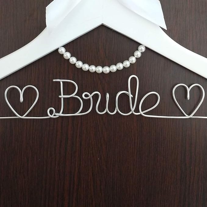 The Bride's Wedding Gift, Wooden Wedding Dress Gown Hanging Wire Letter Hanger (White and Silver Thread with String of Pearls)