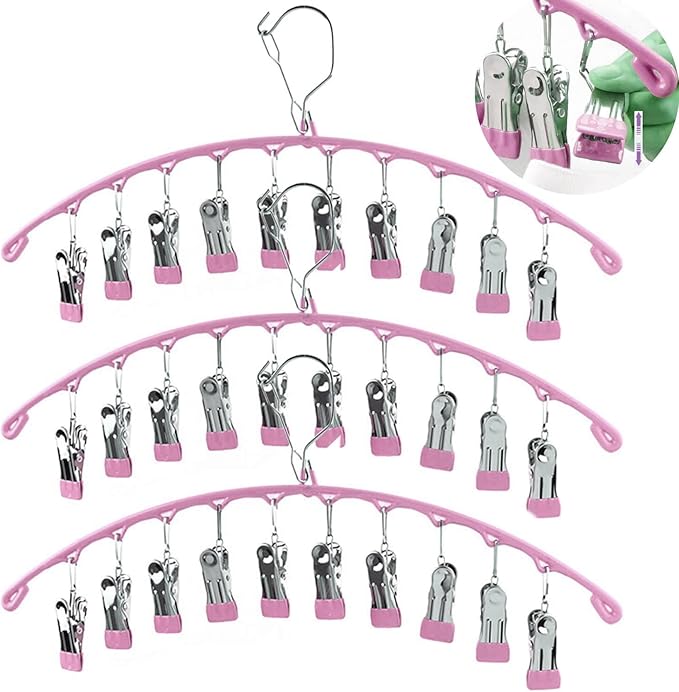 3Pack Legging Organizer for Closet,Upgrade Skirt Pants Hangers with Clips, Metal Yoga Pants Hangers 10 Clips,Hangers Space Saving Closet Organizers Rubber Coated Organizers Leggings Hanger(Pink)