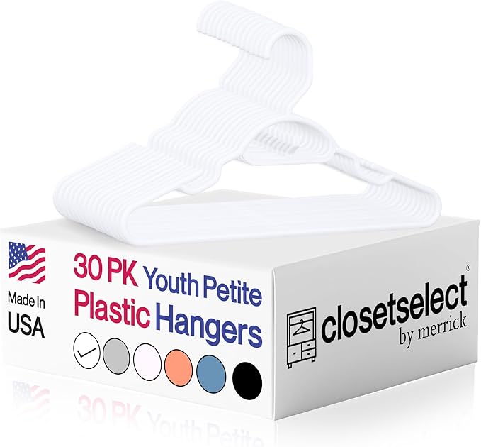 Youth Hangers 30 Pack - 13 Inch Plastic Youth Petite & Childrens Hangers for Closet, Baby Hangers for Children Clothes Sizes 4 to 10, Non-Slip Infant hangers with Shoulder Grooves | White