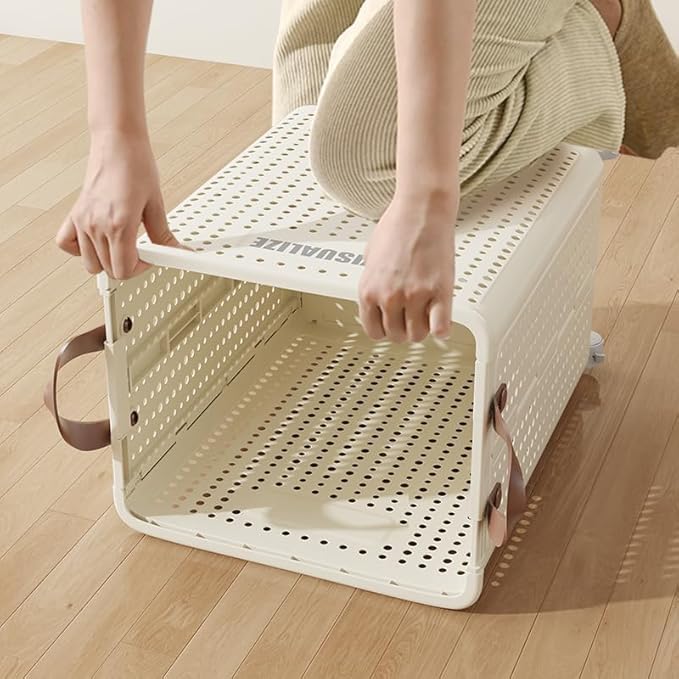 42L Large Heavy Duty Laundry Hamper On Wheels and Handle, Foldable Collapsible Laundry Basket, Space Saving Laundry Room Organization With Lid For Home Storage, Clothes (Cream)