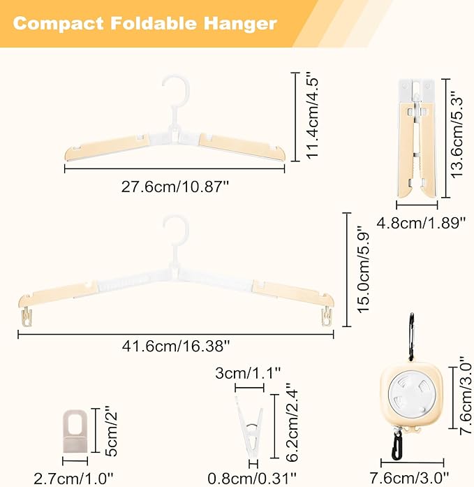 6 Pack Fodable Travel Hangers with Clips & Adjustable Clothesline, Portable Collapsible Hangers with Storage Bag for Suitcase, Hotel, RV, Cruise Essentials Set (Beige)