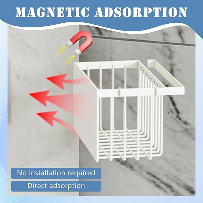 Magnetic Basket Storage Rack, White Multi-Functional Magnetic Rack, Magnetic Clothes Drying Ball Storage Rack, for Office Documents, Packaging Foil, Spices,Plastic Food Hook Boards