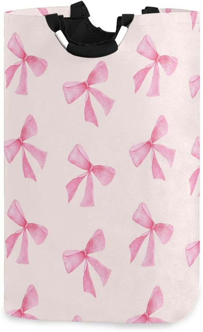 xigua Pink Bow Large Laundry Hamper with Handle, Foldable Clothes Hamper Collapsible Storage Basket for Toys and Clothes Organization in Bedroom, Bathroom, and Laundry Room