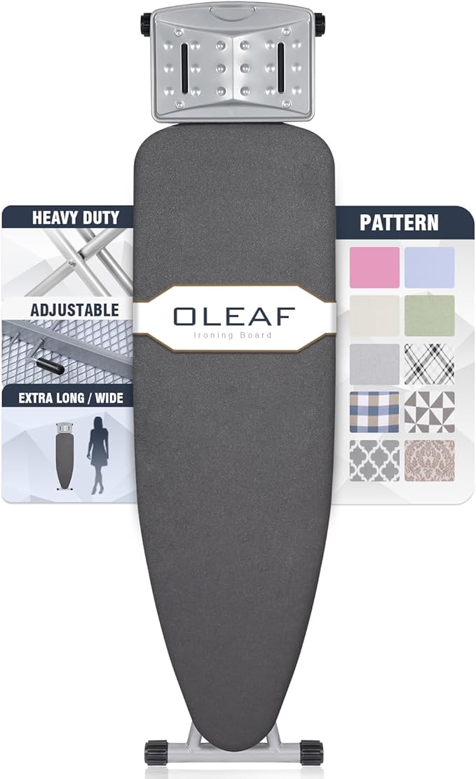oleaf Ironing Board with Cover and Thicken Pad 43 x 13 Height Adjustable Full Size Foldable Iron Board with Iron Rest, Stable Steel Legs, Metal Construction, Heat Resistant, Dark Gray