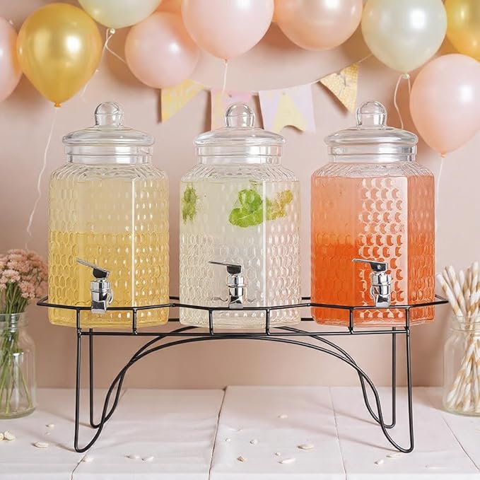 MosJos Drink Dispenser Set of 3 - Beverage Dispenser with Stand - Glass Drink Dispensers for Lemonade, Juice, Water, Iced Tea, Punch - 1-Gallon Countertop Party Drink Dispensers