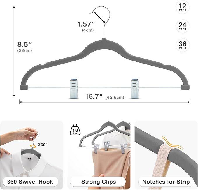 HOUSE DAY Velvet Skirt Hangers 36 Pack, Grey Velvet Hangers with Adjustable Clips, Space Saving Slim Felt Pant Hanger, Heavy Duty Shorts Hanger, Non Slip Clip Hangars for Pants, Skirts, Shorts