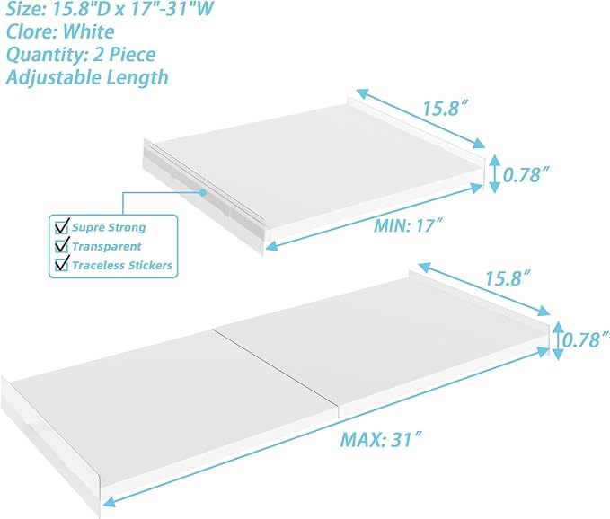 Expandable Closet Tension Shelf, 2 Packs Metal Storage Rack Organizer DIY Divider Separator for Cabinet Wardrobe Cupboard Kitchen (White,15.8" D x 17"-31" W,2PCS)