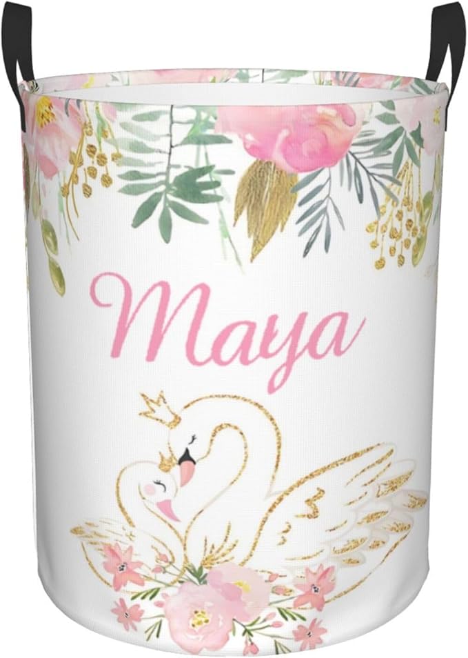 Personalized Laundry Basket for Nursery, Custom Nursery Laundry Hamper with Name, Customize Baby Clothes Circular Hamper for Boys Girls Room Decor, Floral Swan