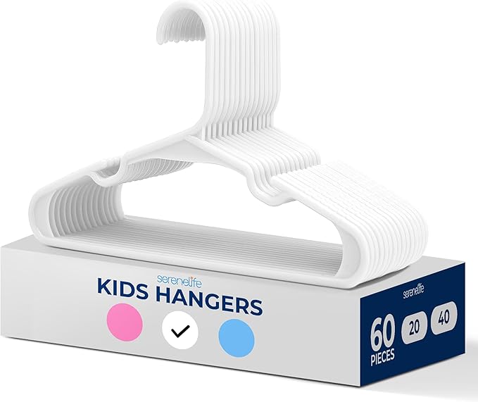 SereneLife 60 Pack Plastic Kids Hangers – Non-Slip Baby Hangers for Closet, Space-Saving Thin Design for Organizing Clothes, Infant, Toddler, and Newborn Clothing (White)
